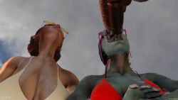 1boy 2girls 2girls1boy asari beach big big_ass big_breasts big_lips big_penis bikini black_penis blowjob blue_skin cleavage clothed clothed_female collaborative_fellatio commander_shepard exhibitionism eyebrows_raised femshep hand_on_another's_head hand_on_back_of_neck in_public interracial jane_shepard mass_effect mouth_open muscular_male nude_male_clothed_female oral red_hair rotosama saliva samara smile smiling sunglasses sweat sweatdrop sweating tongue_out veiny_penis wide_eyed