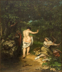 2girls artist_signature ass ass_cleavage back backboob bare_feet barefeet barefoot big_ass big_butt breast breasts butt dirty_feet earring fat_ass feet female gustave_courbet large_ass large_butt leaves nipple oil_painting outdoors outside topless topless_female tree trees venus_dimples wide_hips