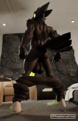 3d_(artwork) absurd_res anthro athletic athletic_anthro athletic_male avian back_muscles backsack balls biceps bird black_body black_feathers bottomwear bottomwear_down butt clothed clothing corvid corvus_(genus) crow digital_media_(artwork) feathers fingerless_gloves footwear genitals gloves green_eyes green_penis handwear hi_res looking_back male mostly_nude oscine pants pants_down partially_clothed passerine penis phosphoruscrow rear_view ryze_(phosphoruscrow) shoes solo tail tail_feathers