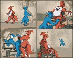 3_fingers 3_toes 3d_(artwork) 3d_background 4_panel_comic 5_fingers absurd_res anal anal_penetration anthro anthro_on_anthro arm_markings bandai_namco belly bench black_markings blue_body bodily_fluids cel_shading chest_markings claw_fingers claws confusion crouching cum cum_trail digimon digimon_(species) digital_drawing_(artwork) digital_media_(artwork) erection eye_roll eyes_closed facial_markings feet fellatio finger_claws fingers furgonomic_furniture furgonomics genital_fluids genitals gesture grin guilmon half-erect head_markings hi_res humanoid_genitalia humanoid_penis leaning leaning_backward leaning_on_furniture leaning_on_object leg_markings light looking_at_another looking_at_another's_butt looking_back looking_back_at_another looking_pleasured looking_up male male/male markings mixed_media multicolored_body nude on_bench open_mouth open_smile oral oral_penetration outside park_bench penetration penile penile_penetration penis public public_nudity public_sex question_mark red_body running running_away sex sex_toy shaded sharp_teeth sitting sitting_on_bench smaller_version_at_source smile story story_in_description sunlight tail tail_grab teeth thymine toe_claws toes two_tone_body veemon vibrator walking waving white_belly white_body white_claws