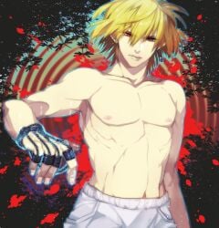 1boy abs background blonde_hair broad_shoulders chains collarbone hand_chains hunter_x_hunter kurapika majima_(artist) multicolored_background muscular navel pants plants red_eyes shirtless shirtless_male shorts topless topless_male trees