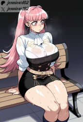 1girl ai_generated artist_name ascot belt belt_buckle bench black_clothes black_skirt blunt_bangs blush bra_visible_through_clothes breasts buttons closed_mouth clothing curvy english_text eyelashes feet_out_of_frame female fire_emblem fire_emblem:_fuukasetsugetsu flying_sweatdrops footwear garreg_mach_monastery_uniform gradient_background hilda_valentine_goneril jennieart02 large_breasts long_hair nervous nervous_sweating patreon patreon_logo patreon_username pink_eyes pink_hair see-through shirt sitting sitting_on_bench skirt sleeves_rolled_up socks solo steaming_body sweat sweaty_clothes thick_thighs thighs tile_floor tiles twintails twitter twitter_username uniform very_sweaty watermark web_address wet wet_clothes wet_shirt white_ascot white_shirt wide_hips