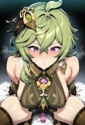 ai_generated novart01 1girl clothing female genshin_impact collei_(genshin_impact) green_hair purple_eyes breasts hair_ornament sex_toy solo thighs legwear sweat blush thighhighs vibrator brown_thighhighs large_breasts sideboob jewelry bare_shoulders black_legwear ahoge earrings thick_thighs squatting shorts single_earring covered_nipples spread_legs detached_sleeves hair_between_eyes parted_lips long_hair skindentation black_dress egg_vibrator remote_control_vibrator sidelocks dress medium_hair crossed_bangs gloves vibrator_cord cameltoe heavy_breathing looking_down sleeveless_dress vibrator_under_clothes looking_at_viewer green_nails