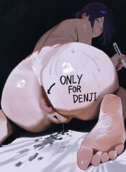 1girl ai_generated anus ass ass_focus back barefoot black_background black_hair blush body_writing cleft_of_venus closed_mouth completely_nude english_text enjisd fat_mons feet female foot_out_of_frame from_behind green_eyes hair_between_eyes hair_bun holding huge_ass looking_at_viewer looking_back marker nude presenting purple_hair pussy pussy_juice reze_(chainsaw_man) short_hair simple_background single_hair_bun sitting smile soles solo sweat toes tongue tongue_out vagina wariza