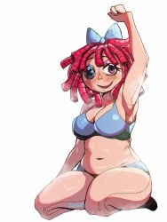swimsuit ragatha_(the_amazing_digital_circus) ragatha ragatha_(tadc) ragatha_(beach_outfit) zoriezoriezorie the_amazing_digital_circus gooseworx glitch_productions 2026 tagme medium_breasts tummy armpit raised_arm looking_at_viewer solo_female 1girls ragdoll doll_girl red-haired_female red_hair bow button_eye triangle_nose sweat