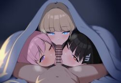 1boy 2026 2d 2d_artwork 3girls 4some asuma_toki black_hair blonde_female blonde_hair blowjob blue_archive blue_eyes censor_bar censored_penis collaborative_fellatio cooperative_fellatio eimi_(blue_archive) fellatio female fffm fffm_foursome licking licking_penis light-skinned_female light-skinned_male light_skin male mfff mfff_foursome open_legs oral oral_sex pink_eyes pink_hair pynpyn red_eyes rio_(blue_archive) sex sucking sucking_penis sucking_tip toki_(blue_archive) under_blanket video_game_character video_games worship worshipping_cock