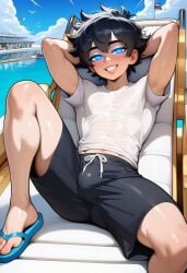 tyrisai ai_generated astriad_(cocky69) male male_only black_hair tousled_hair blue_eyes glowing_eyes black_shorts blue_sandals boat sea fit fit_male fit_body