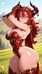 1girl 1girls absurd_res absurdres ai_generated alexstrasza armor armpits arms_up ass big_ass big_breasts blurred_background blurry blurry_background blush boots breasts cape cartoon cartoony cleavage cowboy_shot curvy day depth_of_field female female_focus fingerless_gloves flower from_side gloves gold_trim grass hair_between_eyes hi_res high_quality high_resolution highleg highleg_leotard highres horn_ornament horns large_ass large_breasts leotard lips long_hair looking_at_viewer odexai orange_eyes outdoors parted_lips pointy_ears red_cape red_gloves red_hair red_leotard red_thighhighs shiny_skin skindentation sky small_waist solo solo_focus standing straight sweat thick_thighs thigh_boots thighhighs thighs thin_waist tiara warcraft wide_hips window world_of_warcraft wow yellow_eyes