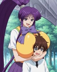 kirika_misono densuke_mifune eiken purple_hair huge_breasts gigantic_breasts long_hair very_long_hair 1girls 1boy breasts ai_assisted ai_generated anime anime_style blunt_bangs high_ponytail smile front_view sidelocks height_difference standing suggestive breasts_bigger_than_head clothing clothed_female pleated_skirt purple_skirt yellow_vest school_uniform ribbon yellow_sweater_vest zashono_academy_school_uniform wide_eyed outdoors breast_smother head_between_breasts shocked trance hugging_from_behind upper_body brown_hair