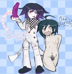 kokichi_ouma kokichi_oma ouma_kokichi oma_kokichi shuichi_saihara saihara_shuuichi sweat pussy_boy top_surgery_scars dildo purple_hair purple_eyes blue_hair grey_eyes pale_skin white_skin danganronpa_v3 trans_man pubes taped_mouth tape_gag hands_behind_back on_knees standing tongue_out