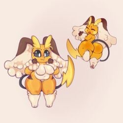 1:1 2023 3_toes 4_fingers :3 absurd_res anthro barely_visible_genitalia barely_visible_vulva belly_overhang big_breasts big_butt big_eyes black_nose black_sclera blush blush_stickers breasts brown_body brown_fur bubble_butt butt casual_nudity closed_smile deep_navel digital_media_(artwork) eyebrows eyelashes eyes_closed feet female fingers floppy_ears fur fusion fusion_character generation_1_pokemon generation_4_pokemon genitals grey_background happy hi_res huge_butt huge_thighs humanoid_genitalia humanoid_vulva hybrid innie_vulva looking_back lop_ears lopunny moogers mouth_closed multicolored_body multicolored_fur multiple_images navel nintendo nipples open_mouth open_smile orange_body orange_fur overweight overweight_anthro overweight_female pawpads paws pink_pawpads pokemon pokemon_(species) pokemon_infinite_fusion raichu running shaded simple_background smile soft_shading standing striped_body striped_fur stripes tail thick_thighs toes vulva white_body white_eyes white_fur wide_hips