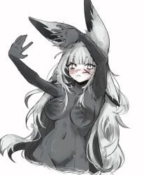 1girl animal_ears arms_up blush breasts closed_mouth dya_rikku_(vtuber) eyebrows_visible_through_hair indie_virtual_youtuber large_breasts long_hair looking_at_viewer navel solo striped vertical_stripes vyugen