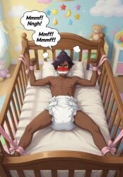 , 1boy ai ai_assisted ai_generated amber_eyes bleach blush bondage dark-skinned_femboy dark-skinned_male dark-skinned_sissy dark_skin diaper diaper_fetish embarrassed femboy humiliation male male_only purple_hair solo solo_focus solo_male yushiro_shihouin