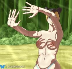 1girls jolyne_kujo jojo's_bizarre_adventure shonen_jump stone_ocean bizdrawings hands_casting_shadow solo solo_female female female_only female_focus beach looking_at_viewer hands_up belly_piercing belly nail_polish yellow_lipstick green_eyes multicolored_hair panties topless bare_breasts breasts nipples nipple_piercing bare_belly bare_shoulders bare_chest wide_hips nude nude_female hair_bun
