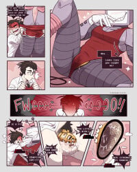 athletic_cup chastity_cage chastity_cage_emission comic_page deltarune desperation gay leotard spamton_g_spamton tenna_(deltarune) undertale_(series) yaoi