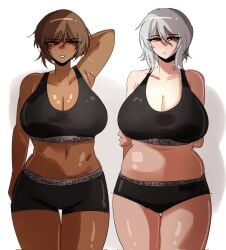 2d 2d_(artwork) 2d_artwork 2girls arczaeon blue_eyes blue_eyes_female brown_eyes brown_eyes_female brown_hair brown_hair_female chocolate_and_vanilla clothed clothed_female clothing dark-skinned_female dark_skin faust_(limbus_company) light-skinned_female light_skin limbus_company outis_(limbus_company) project_moon white_hair white_hair_female