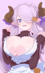 1girl absurdres apron areola_slip blue_eyes blush breasts cleavage cleavage_cutout clothing_cutout commentary_request draph granblue_fantasy hair_over_one_eye hanejionsen heart_cutout hetero highres horns huge_breasts long_hair narmaya_(granblue_fantasy) narmaya_(valentine)_(granblue_fantasy) official_alternate_costume open_mouth paizuri paizuri_under_clothes perpendicular_paizuri purple_hair purple_ribbon ribbon sweater white_apron