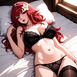 ai_generated 1girls female female_only large_breasts breasts red_hair redhead redhead_female lingerie black_lingerie nier nier_(series) nier_replicant lying_on_bed lying thighs devola nier:_automata