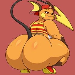 1boy 2d aduri anthro back_muscles back_view backwards_hat bedroom_eyes black_outline bottomless brown_sclera butt cel_shading closed_smile clothing crop_top crouching cute_fangs digital_drawing_(artwork) digital_media_(artwork) hand-drawn hat hi_res high_res hyper_arms hyper_butt hyper_hips hyper_thighs looking_back_at_viewer narrowed_eyes nude_anthro nude_male obese obese_anthro obese_male orange_body orange_fur outline pokemon pokemon_(species) raichu red_background shaded shoes slightly_chubby solo solo_male striped_shirt tagme thick_thighs thin_eyebrows three-quarter_view three_quarter_view twerking white_pupils wide_hips