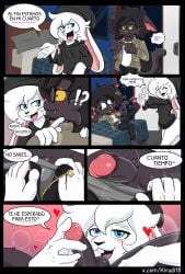 absurd_res anthro bed bunny_osaka comic dialogue domestic_cat duo eyewear felid feline felis furniture genitals glasses hi_res inside kiru(kirudi18) kirudi18 lagomorph leporid male male/male mammal masturbation_pov paws penis rabbit
