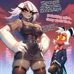 cocky69 ai_generated text hazbin_hotel helluva_boss carmilla_carmine moxxie_(helluva_boss) male/female demon demon_girl imp suit dress breasts big_breasts boobs big_boobs thick_thighs bulge bulge_through_clothing bulge_under_clothes boner boner_in_pants boner_under_clothes boner_in_underwear