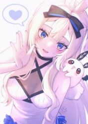 1girl bandages bangs bare_shoulders black_choker blonde_hair blue_eyes blush bow breasts choker cleavage criss-cross_halter dress eyebrows_visible_through_hair hair_bow halterneck heart indie_virtual_youtuber long_hair looking_at_viewer open_mouth smile solo spoken_heart striped vyugen wings yenko