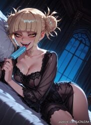 1girl 2026 ai_generated anime bangs bed blonde_hair blunt_bangs blush boku_no_hero_academia boobs breasts cleavage collarbone covered_nipples crossover double_bun dress dutch_angle exposed_nipples eye_contact fangs female female_focus flushed food hair_bun highres himiko_toga holding_food indoors inside licking looking_at_viewer lying medium_breasts melting messy_hair moaning my_hero_academia nail_polish night night_sky nightgown nipples nsfw on_bed on_side open_mouth patreon patreon_username pillow popsicle red_nails rognezart saliva see-through sexually_suggestive sky slit_pupils smile smiling solo toga_himiko tongue tongue_out window yellow_eyes