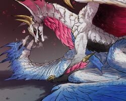 2023 blue_body blue_scales bodily_fluids breath breathing capcom claws digital_media_(artwork) duo ear_frill elder_dragon female feral frill_(anatomy) from_front_position gradient_background grey_body grey_scales heart_symbol hi_res horn ice_horn ice_spikes krypton_(artist) looking_at_another looking_pleasured lying male male/female malzeno missionary_position monster_hunter multicolored_body multicolored_scales on_back open_mouth panting red_eyes red_frill saliva scales sex simple_background teeth tongue tremble_spikes twitching velkhana wings yellow_eyes yellow_horn