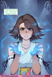 aeon ai_art ai_generated ancient_temple asymmetrical_clothes aura background bangs bare_midriff bare_shoulders beads begging begging_for_power belt blue_aura blue_energy blue_eye brown_hair choker cleavage comic comic_strip comics detached_sleeves detailed_background determined_expression digital_art earrings energy_aura fantasy final_fantasy final_fantasy_vii final_fantasy_vii_remake final_fantasy_x glowing_eyes glowing_hands green_eye hair_ornaments hands_glowing heterochromia indoors jewelry large_statue long_hair magic magic_casting magical_girl magical_glow midriff navel necklace nsfw off_shoulder open_mouth patreon_exclusive patreon_reward pink_sash pleading pouch power_up prayer praying purple_ribbons purple_wraps ritual ruins sidelocks speech_bubble spellcasting statue stone_architecture summon summoning_ritual tassel temple text toga white_clothes white_dress white_robe wrap_dress yellow_belt yuna meowllete