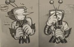 tenna_(deltarune) deltarune deltarune_chapter_3 sniffing_panties panty_sniffing sniffing_underwear smelling_underwear big_penis big_balls sweaty_balls robot_humanoid tv_head object_head embarrassed embarrassed_male pervert gloved_hands blush cumming spurting_cum cum_spurt cum masturbating masturbation jacking_off jerking jerking_off antennae_(anatomy) letttusse