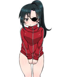 black_hair blush brown_eyes class_3-z covering_crotch covering_self embarrassed eye_patch female female_only gintama gym_uniform long_hair looking_at_viewer official_alternate_costume ponytail shy solo thick_thighs track_jacket yagyuu_kyuubei