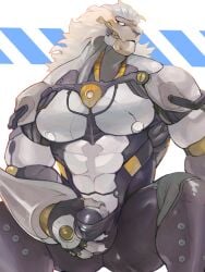2026 3:4 5_fingers anthro banyue_(zenless_zone_zero) biped black_bottomwear black_clothing black_pants black_penis bottomwear bulge censored censored_genitalia censored_penis claws clothed clothed_anthro clothed_male clothing detailed_bulge digital_media_(artwork) felid finger_claws fingers flaccid genitals glistening glistening_body glistening_clothing glistening_eyes glistening_genitalia glistening_penis hand_on_crotch holding_bulge lion machine male male_anthro male_only mammal metallic_body mihoyo mosaic_censorship muscular muscular_anthro muscular_male pantherine pants pants_only penis penis_base robot robot_anthro salz_sop simple_background solo solo_male teeth topless topless_anthro topless_male white_eyes yellow_teeth zenless_zone_zero