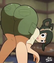 1girls adult_tsuyu animated ass ass_focus ass_shake back_view bent_over black_eyes bluedaruu boku_no_hero_academia bubble_butt cameltoe dark_hair gif hands-free headgear looking_at_viewer looking_back loop looping_animation my_hero_academia post-timeskip shaking shaking_ass shaking_butt shirt shorts solo swaying swaying_hips thick_thighs tied_hair tight_clothing tongue tsuyu_asui viewed_from_behind wide_hips