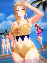 fire_emblem fire_emblem_engage dume jade_(fire_emblem) yunaka_(fire_emblem) citrinne_(fire_emblem) lapis_(fire_emblem) stolen_clothes stolen_swimsuit pool outdoors blonde_hair swimsuit exposed_midriff muscular_female yellow_eyes enf embarrassed_nude_female background_characters thick_thighs belly_button arm_up covering covering_breasts covering_crotch koikatsu