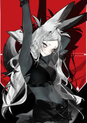 1girl animal_ears arms_up black_shorts breasts cowboy_shot crop_top dya_rikku dya_rikku_(vtuber) grey_eyes indie_virtual_youtuber jacket limited_palette long_hair long_sleeves looking_at_viewer medium_breasts midriff navel red_background short_shorts shorts silver_hair smile solo standing stomach tail vyugen