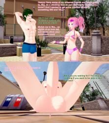 1boy 1girls 3d abs balls bikini charlotte_strema english_text female giant_male green_hair huge_balls huge_cock koikatsu looming male muscular muscular_male nude oc original original_character penis pink_hair shrunken_female size_difference swimsuit text underwear xavier_huge xavierhuge
