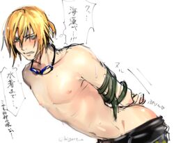 1boy ass_out blonde_hair blue_eyes blush clothes_slipping dash10 eizen_(tales) goggles male male_only nipples restrained rope solo tales_of_(series) tales_of_berseria tied_up topless wet