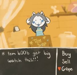 :3 animated big_areola big_breasts big_tits blush bouncing_breasts box breast_expansion darksydeup eyes_popping_out hyper hyper_breasts hyper_expansion jiggling_breasts temmie temmie_(undertale) text tits twitter_username undertale undertale_(series)