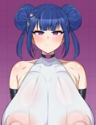 1girls areolae areolae_visible_through_clothing big_breasts blue_hair blush bodysuit closed_mouth collar duel_monster earrings evil_twin_lil-la female female_only focus fringe ganbari_mascarpone gloves hi_cheese19 hi_res konami large_breasts latex leotard light_skin lil-la_(yu-gi-oh!) looking_forward pigtails purple_eyes short_hair solo twintails uncomfortable voluptuous voluptuous_female younger_female yu-gi-oh!