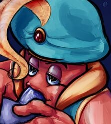 black_eyes close-up clothed clothing cuphead_(game) djimmi_the_great erection fellatio gay genie half-closed_eyes hat headgear humanoid loodles male open_mouth oral penis red_skin sex smile sucking vein veiny_penis vest yaoi