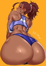 1girls ass breasts cleavage dark-skinned_female dark_skin female female_only hoop_earrings huge_ass looking_at_viewer looking_back mikoyan muscles muscular_female solo text thick_thighs wide_hips