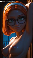 sabrina_raincomprix miraculous_ladybug miraculous:_tales_of_ladybug_and_cat_noir orange_hair short_hair hairband green_eyes glasses eyewear smirk nude nude_female medium_breasts breasts nipples puffy_nipples armpits armpits_fetish arm_up upper_body upper_body_focus stable_diffusion ai_generated aiuniverse56