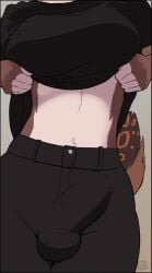 2024 2d_animation 5_fingers animated anthro areola barbell_piercing black_bottomwear black_clothing black_pants black_shirt black_topwear bottomwear bottomwear_down bottomwear_pull bouncing_breasts breast_drop breasts brown_body brown_fur bulge carmilla_(vitaevictuals) chest_tattoo clothed clothing clothing_lift clothing_pull countershade_torso countershading detailed_bulge digital_media_(artwork) erection exposed_breasts faceless_character felid feline fingerless_(marking) fingers frame_by_frame front_view fur furlasziv genital_outline genitals gynomorph intersex loop lynx mammal medial_ring nipple_piercing nipples pants pants_down pants_pull partially_clothed penile_spines penis penis_outline piercing pink_areola pink_nipples shirt shirt_lift solo tattoo topwear trans_(lore) trans_woman_(lore) undressing undressing_self