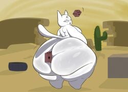 anthro bellyboi13 big_butt bodily_fluids box butt cactus confusion container cross-eyed dessert dice domestic_cat fatal felid feline felis food fur gambit_(mewgenics) hi_res huge_butt hyper hyper_butt looking_back male mammal markings mewgenics object_in_ass overweight overweight_male plant simple_background solo sweat tail thick_thighs tire white_body white_fur