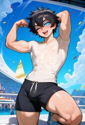 tyrisai ai_generated astriad_(cocky69) male male_only black_hair tousled_hair blue_eyes glowing_eyes black_shorts blue_sandals boat sea fit fit_male fit_body