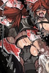 1boy 1girl 1girls ahegao arms_behind_head ass blush breasts commentary cropped_jacket cum cum_in_pussy cum_inside cum_overflow doggystyle drooling english_commentary female_ejaculation gachiakuta grabbing_another's_ass grabbing_from_behind green_eyes groping highres huge_ass light-skinned_female mark_gavatino medium_breasts moaning multiple_views narrow_waist navel no_eyes pussy rape red_hair riyo_reaper riyou_reaper rolling_eyes rudo_surebrec saliva sex sex_from_behind skinny slim_waist teenager thick_thighs thighhighs thighs tongue tongue_out white_hair