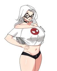 felicia_hardy black_cat_(marvel) marvel marvel_comics spider-man_(series) 2026 1girls female white_hair superheroine breasts big_breasts huge_breasts large_breasts thick_breasts massive_breasts bursting_breasts hips wide_hips thick_hips thick thick_thighs curvy curvy_figure curvy_body curvaceous curvaceous_figure curvaceous_body curvy_hips curvaceous_hips curvaceous_female curvy_female voluptuous voluptuous_female seductive seductive_look seductive_pose hourglass_figure light-skin light-skinned_female seducing enticing alluring temptation tempting teasing mask masked masked_female panties t-shirt blue_eyes earrings collar choker white_background selvish94