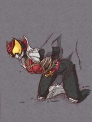 kamen_rider kamen_rider_kiva kamen_rider_kiva_(series) sketch 1boy male male/male male_only male_focus no_visible_genitalia gay gay_sex gay_anal yaoi bondage rope_bondage rope tied on_knees bending_forward arms_behind_back hands_behind_back holding_arms grabbing_arms disembodied_torso disembodied_hand yellow_eyes vampire bat armor armored_male red_armor mask masked masked_male helmet rope_between_pecs belt kneeling chain restrained restrained_arms anal ambiguous_penetration from_behind bodysuit sweat sweatdrop bodily_fluids bodily_fluids_drip puddle artist_signature grey_background