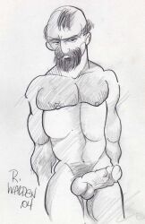 1boy 2004 balls beard dated erection foreskin gay male male_only monochrome muscular nipples older_male original penis pubic_hair robin_walden simple_background solo traditional_media uncircumcised white_hair yaoi