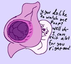 anthro anus apologeist_(helloimfurry) colored_feces crowning_feces feces flustered ghost hyper_feces hyper_scat low_res male pink_anus purple_body purple_feces scat solo spirit swirlspicysoup talking_to_viewer unusual_feces white_head
